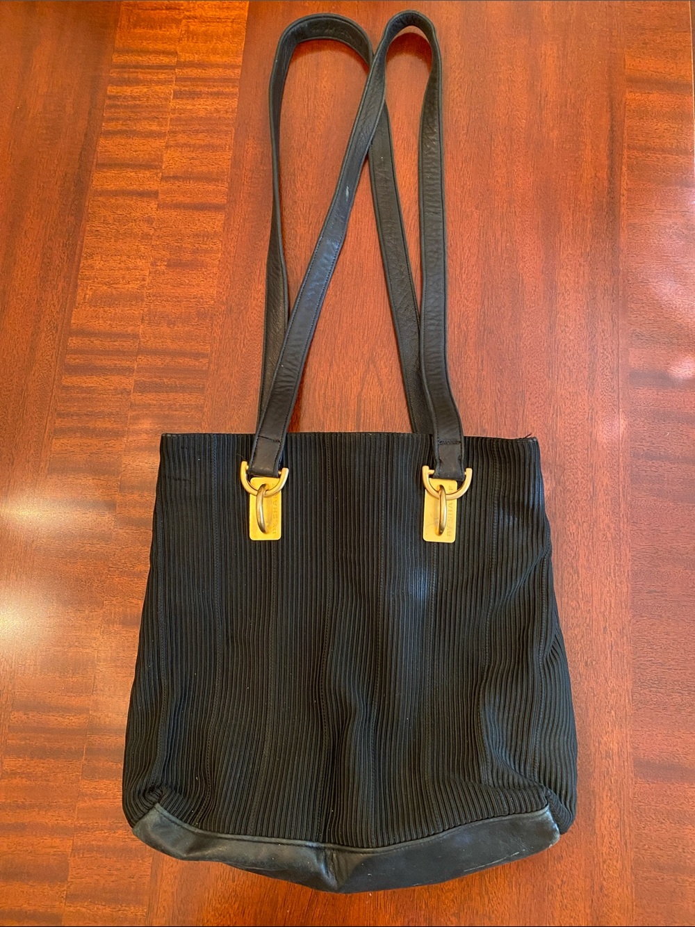 Americana by Sharif Black Ribbed Tote Bag with Gold Hardware -